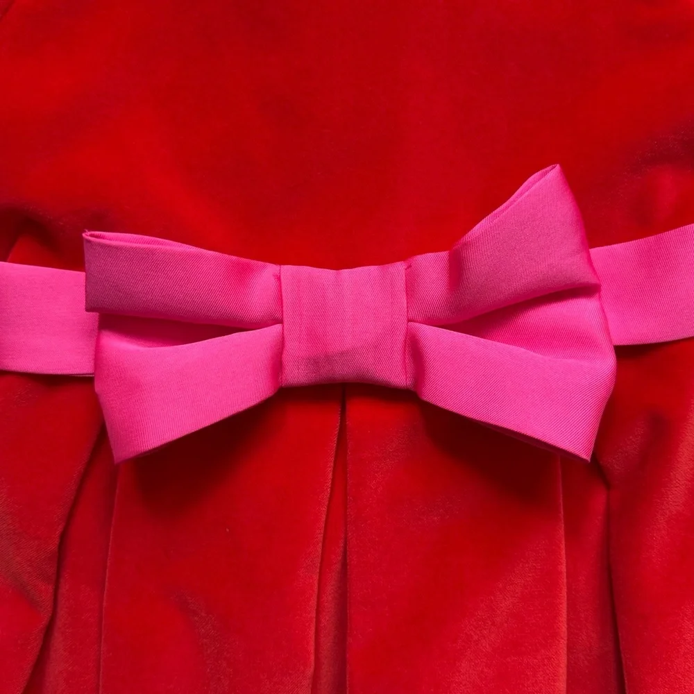 Jacadi Girls Philippine Dark Orange Pleated Velvet Holiday Dress w/ Pink Bow